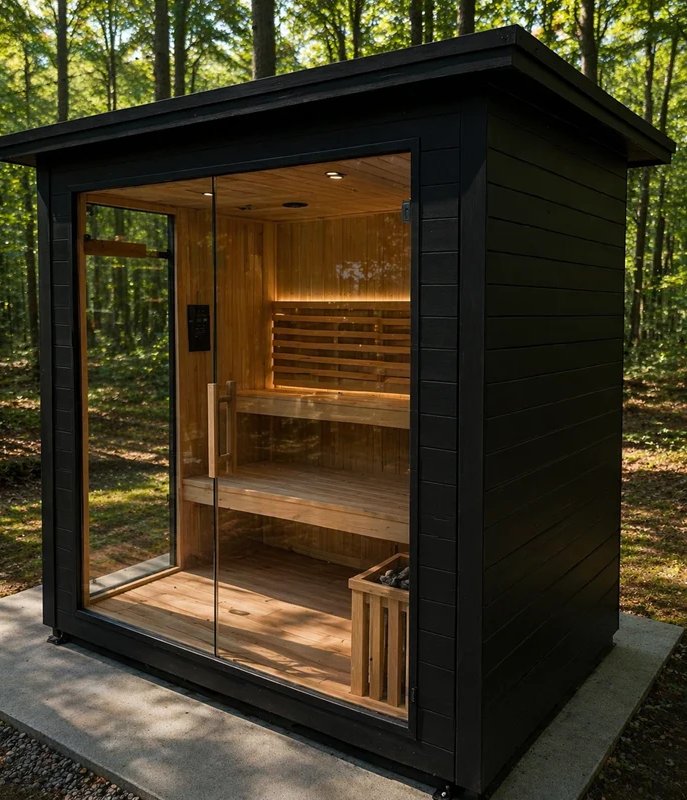 ブロスサウナ アルミ製屋外サウナルームの前面フルガラス。二段ベンチと石を積んだヒーター（製品イメージ）