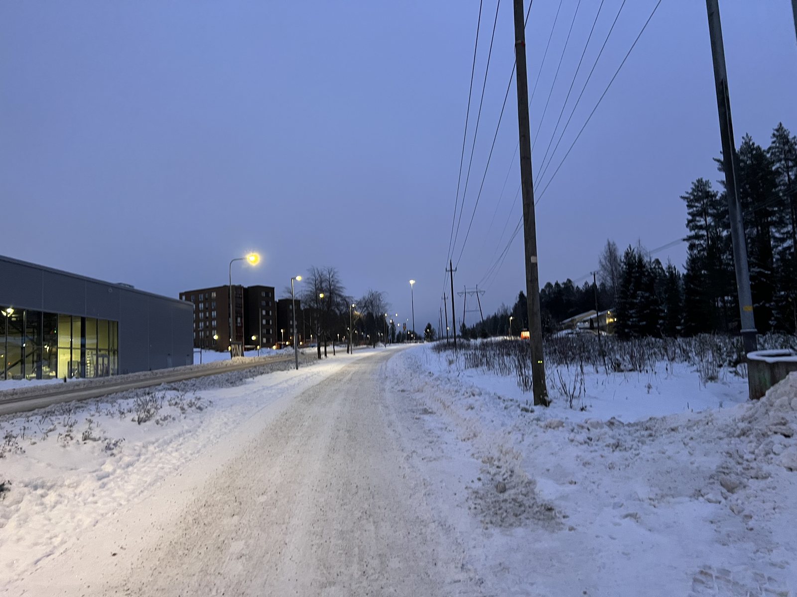 夕暮れの雪道と、街灯の灯る北国の一本道